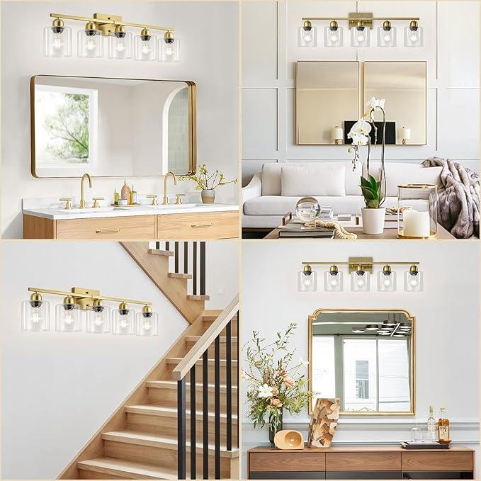 FAISHILAN Modern Brushed Gold 5 Light Bathroom Vanity Light,31 inch Vanity Lights for Bathroom with Clear Glass for Mirror Kitchen Living Room Hallway Cabinet Porch - ModernBath