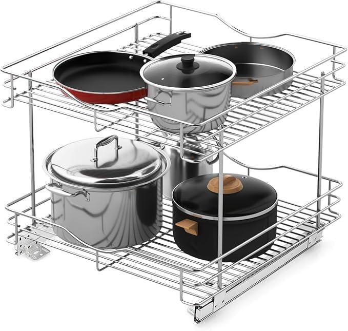 FULGENTE Chrome Finish 2 Tier (17" W X 18" D) Pull Out Drawer Cabinet Organizer Heavy Duty Slide Out Pantry Shelves Sliding Basket Storage For Home Kitchen Bathroom Under Sink Organization - ModernBath