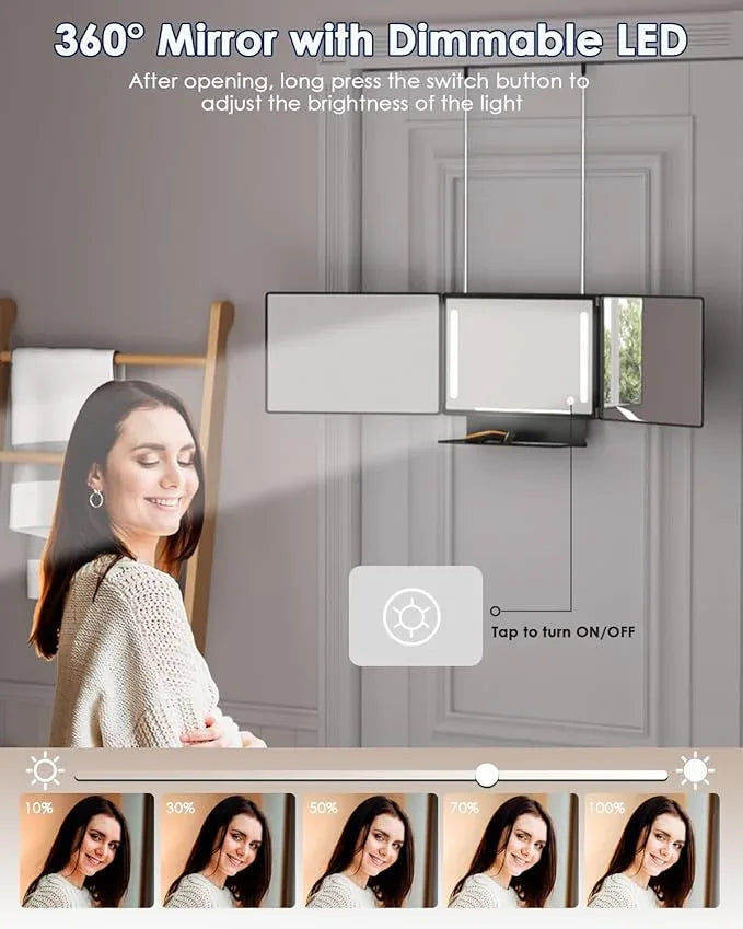Dripex 3 Way Mirror with Storage Shelf and 3 Color LED Lights, Rechargeable Trifold Self Haircut 360° Mirror with Height Adjustable Hooks for Makeup, Styling, Shaving, Braiding, Dye Hair (Black) - ModernBath