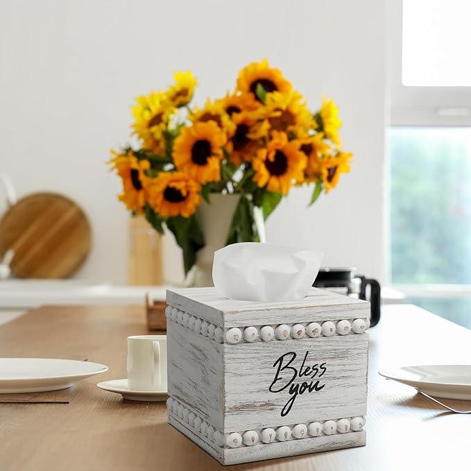 Yiyiring Bless You Beaded Square Tissue Box Cover, Rustic Farmhouse Vintage Wooden Tissue Holder White Box Distressed Napkin Holder for Table Bathroom Decor - ModernBath