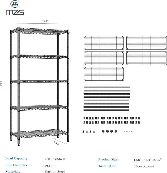 1250 lbs 5 Tier Shelf Metal Storage Shelves Shelving Wire Rack Heavy Duty Closet Organizers for Garage Kitchen Bathroom Laundry Black 13.8" D x 35.4" W x 68.5" H - ModernBath