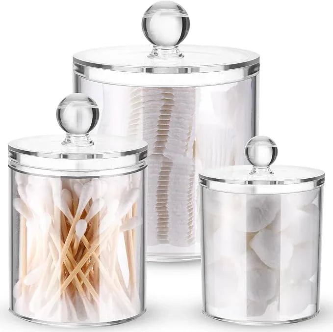 Meanplan 12 Pack Plastic Apothecary Jars with Lids Acrylic Holder Dispenser for Bathroom, 10/22/39 oz Clear Plastic Storage Jars Floss Container for Swab Cotton Ball, 3 Sizes (Acrylic Lid) - ModernBath