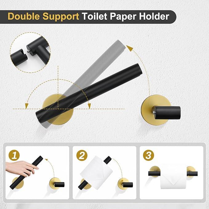 TQKAG 8-Pieces Bathroom Hardware Set Black and Gold SUS304 Stainless Steel Bath Towel Bar Set 23.6 Inch Round Bathroom Accessories Kit Wall Mounted - ModernBath