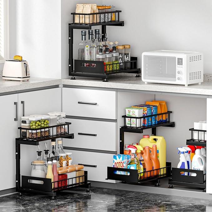 Under Sink Organizer, 2-Tier Premium Metal Pull-Out Racks with Adjustable Height, Heavy Duty Sliding Bin for Bathroom and Kitchen Cabinet Storage, Rust Resistant 2 Pack - ModernBath