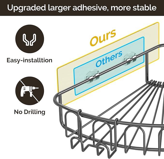 Orimade Corner Shower Caddy with 2 Hooks Wall Mounted Metal Bathroom Shelf Storage Organizer Adhesive No Drilling 2 Pack, Grey Only for 90-Degree Corner - ModernBath