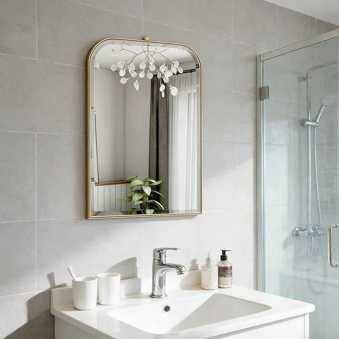 POZINO Brushed Gold Beveled Mirror, 20"x30" Arched Mirror for Over Sink, Rounded Rectangle Mirrors with Stainless Steel Frame, Brass Vanity Wall Mirrors for Bathroom Bedroom Living Room Entryway - ModernBath