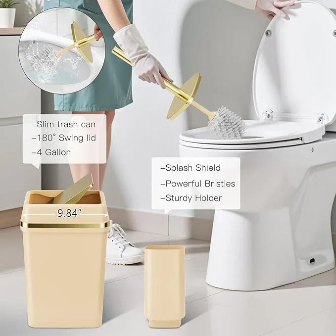 9PCS Bathroom Accessory Set, Beige Bathroom Set with Large-Capacity 4 Gallon Trash Can, Bathroom Accessories Set Complete, Toothbrush Holder, Soap Dispenser, Toilet Brush, Bathroom Decor - ModernBath