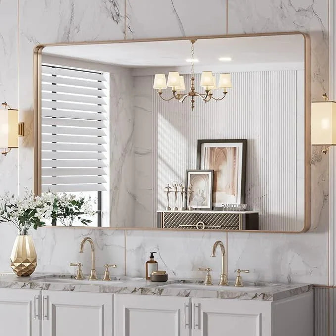 LOAAO 48”X30” Gold Bathroom Mirror, Rounded Rectangle Gold Frame Mirror, Brushed Gold Bathroom Vanity Mirror Wall-Mounted, Anti-Rust, Tempered Glass, Hangs Horizontally or Vertically - ModernBath