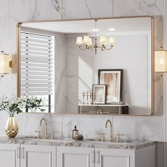 LOAAO 48”X30” Gold Bathroom Mirror, Rounded Rectangle Gold Frame Mirror, Brushed Gold Bathroom Vanity Mirror Wall-Mounted, Anti-Rust, Tempered Glass, Hangs Horizontally or Vertically - ModernBath
