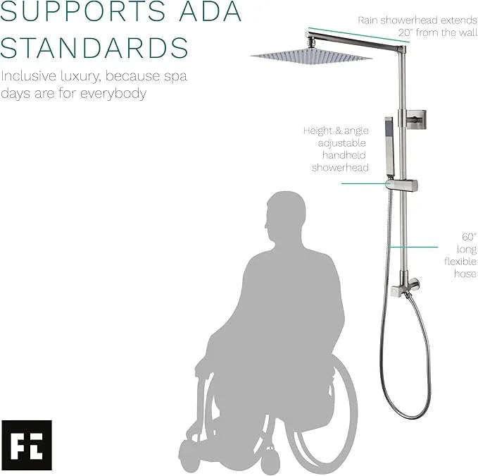 Fennocasa Polaris Lux Rain Shower System, includes 10” Square Rainfall Shower Head and Handheld Shower Combo, Height Adjustable Spray Holder, Retrofit, 60” Hose (2.5 GPM Brushed Nickel) - ModernBath