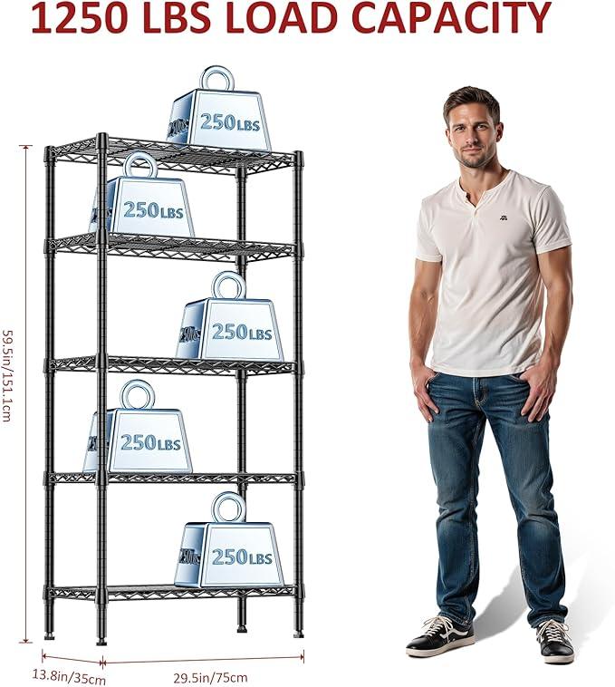 IZEUK 5-Tier Black Metal Storage Shelves, Heavy Duty Wire Shelving Unit for Home, Kitchen, Office, or Garage Organization, 1250 lbs Capacity, 13.8" D x 29.5" W x 59.5" H - ModernBath