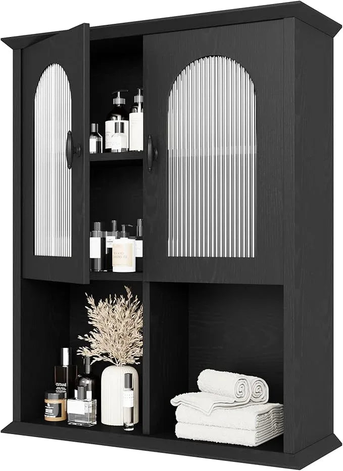 CJL Bathroom Wall Cabinet with Fluted Door, 23.6'' x 29.5'' Medicine Cabinet, Over The Toilet Storage Cabinet, Black - ModernBath