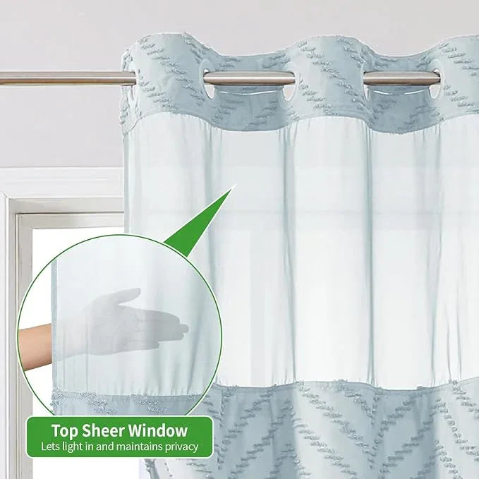 eachope No Hook Boho Farmhouse Shower Curtain with Snap-in Fabric Liner set-71Wx74H(72H),Tufted Chevron Striped Hotel Grade Cloth Shower Curtains for Bathroom with Window,Water Repellent,Fog Blue - ModernBath