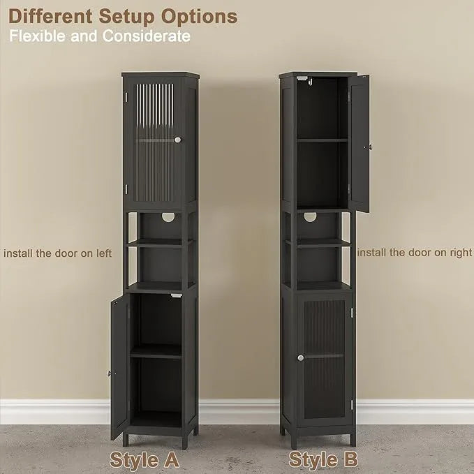 ChooChoo Tall Bathroom Storage Cabinet with Light，5-Tier Narrow Bathroom Cabinet with 2 Doors, Slim Storage Linen Cabinet Freestanding with Adjustable Shelves for Space Saving, Black - ModernBath