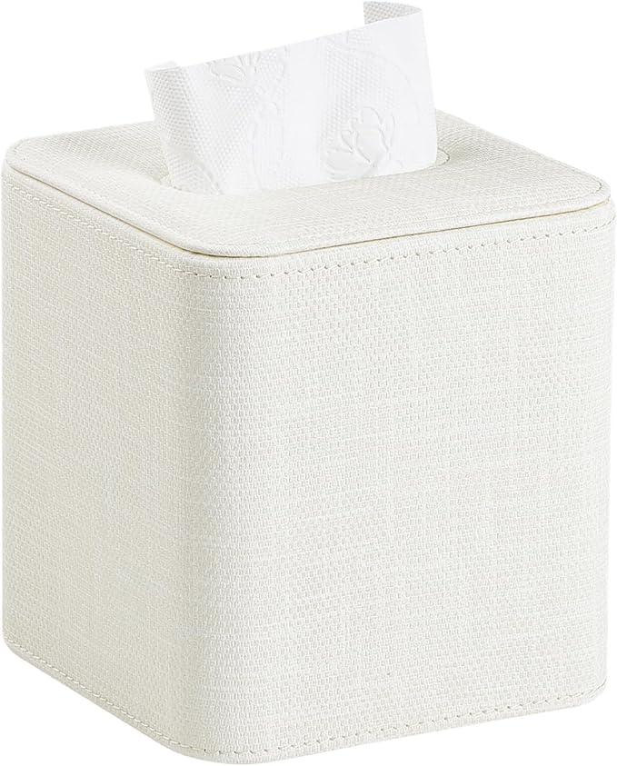 Cretkhp Square Tissue Box Cover with Magnetic Closure, Modern PU Leather Tissue Box Holder for Bathroom Vanity Countertop Night Stands Bedroom Office Desk, Stylish Cube Tissue Holder (Cream) - ModernBath