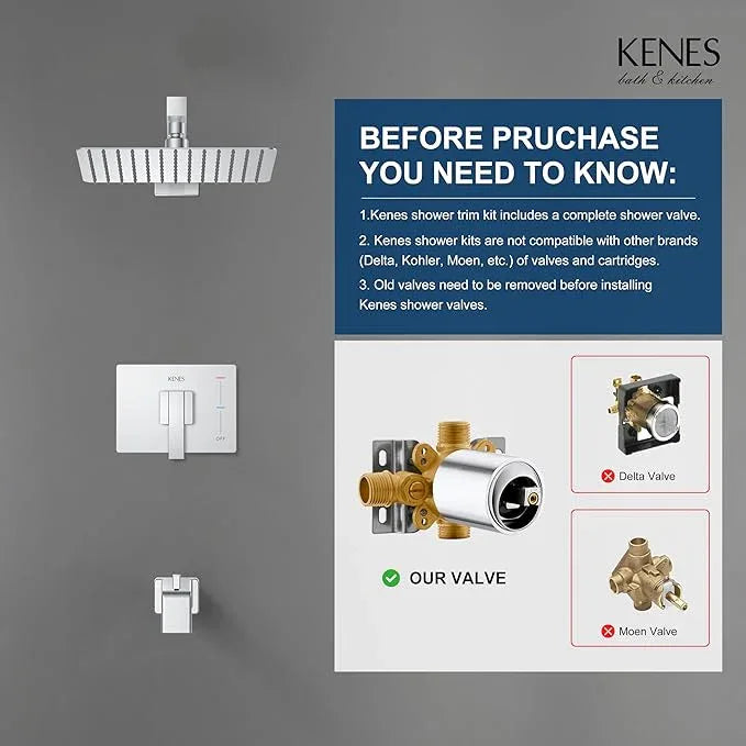 KENES Polished Chrome Tub and Shower Trim Kit, Tub Shower Faucet Set Complete with 10-Inch Rainfall Shower Head and Tub Spout, KE-6024A-5 (Shower Valve Included) - ModernBath