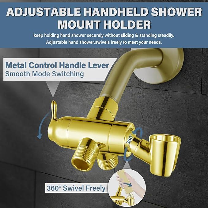 Shower Diverter Valve with Handshower Mount, G1/2 Brass Shower Arm Diverter 3 Way Bathroom Universal Shower System Replacement for Handheld Shower and Fixed Shower Head, Polisded Gold - ModernBath