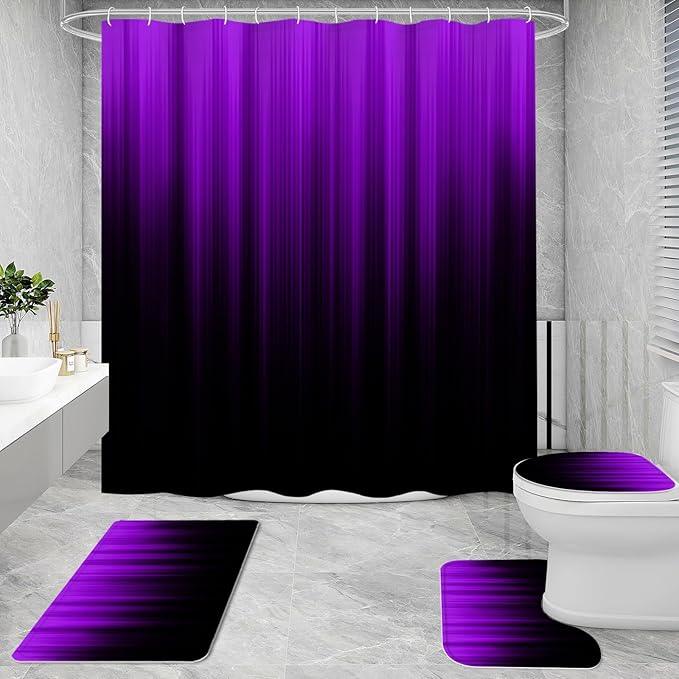 Litabel 4 Pcs Purple and Black Gradient Shower Curtain Set with Rugs and Toilet Lid Cover, Modern Simple Waterproof Fabric Bathroom Set, Ombre Stripe Gothic Abstract Bathroom Decor Set Accessories - ModernBath
