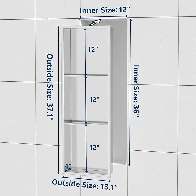 Qeke Stainless Steel Shower Niche 12" X 36", Bathroom Wall Niche Three-Tier, No Tile Needed Recessed Shower Shelf for Bathroom Storage, Brushed Nickel - ModernBath