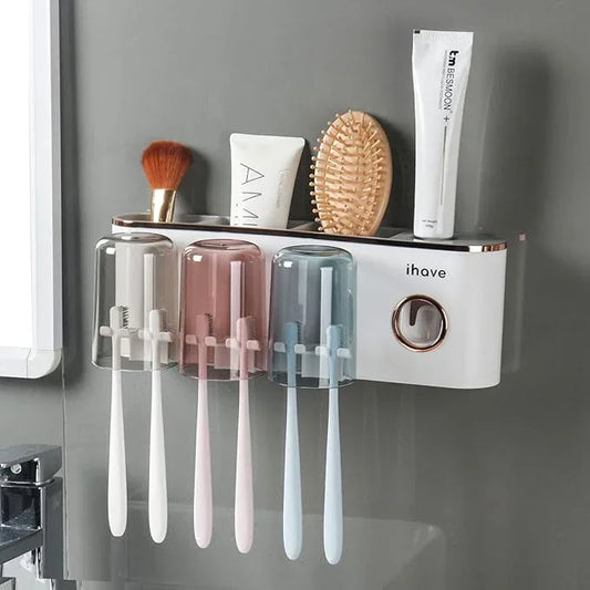 iHave Toothbrush Holders Bathroom Accessories with Toothpaste Dispenser, 3 Cups Toothbrush Holder Wall Mounted Bathroom Decor - ModernBath