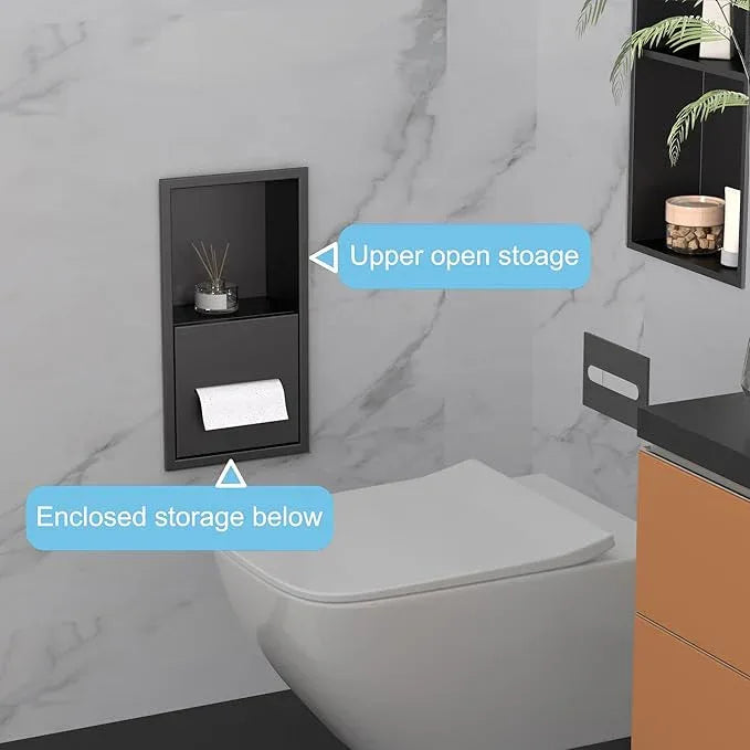 Black Toilet Paper Holder with Recessed Wall Niche for Storage,Stainless Steel in Wall Toilet Paper Dispenser with Shelf,15.9inX7.9inX4.9in (Matte Black) - ModernBath