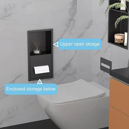 Black Toilet Paper Holder with Recessed Wall Niche for Storage,Stainless Steel in Wall Toilet Paper Dispenser with Shelf,15.9inX7.9inX4.9in (Matte Black) - ModernBath