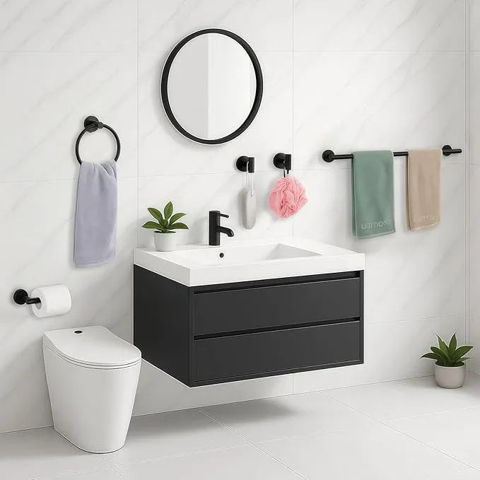 5-Piece Black Bathroom Hardware Set - 24 Inch Towel Bar, 2 Robe Towel Hooks, Toilet Paper Holder, Towel Ring, Wall Mounted Bathroom Accessories (Matte Black Finish) - ModernBath