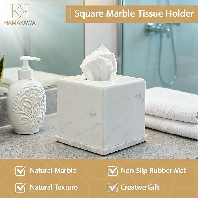 HAMAKAWA Natural Marble Tissue Box Cover, Volakas White Tissue Organizer 6 x 6 x 5.7 inch, Heavy Stone Decorative Box, Square Tissue Box Holder for Home Decor, Kitchen, Bathroom, Bedroom - ModernBath