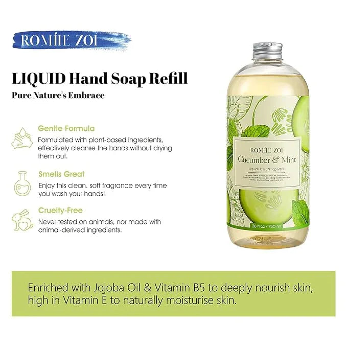 ROMIIE ZOI Liquid Hand Soap Refill, Cucumber & Mint, Gentle & Moisturizing Formula, 750 ML/ 26 FL OZ - ModernBath