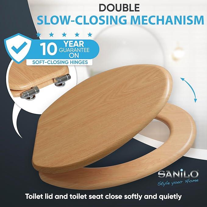 SANILO Wooden Toilet Seat with Soft Close [ELONGATED] - Decorative, Quiet & Slow Close Molded Wood Seat - With Strong Bumpers & Hinges - Adjustable Fit - Wood - ModernBath