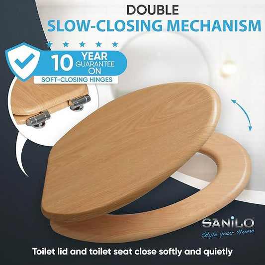 SANILO Wooden Toilet Seat with Soft Close [ELONGATED] - Decorative, Quiet & Slow Close Molded Wood Seat - With Strong Bumpers & Hinges - Adjustable Fit - Wood - ModernBath