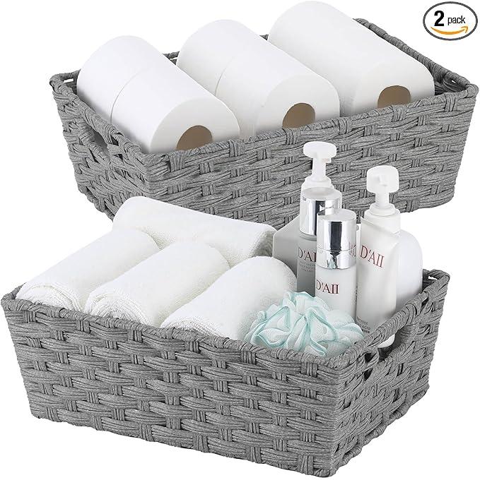 Onlytak Large Wicker Storage Basket, Metal Frame, Set of 2, Washable Waterproof, 15" x 10.3" x 5.2", Grey Color, Woven Basket for Pantry, Toilet, Bathroom, Bedroom, Patio - ModernBath
