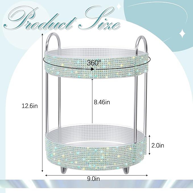 Honeydak 360 Rotating Perfume Organizer Rhinestone Bathroom Counter Organizer Makeup Holder with 2 Tiers Skincare and Perfume Storage, Large Capacity Vanity Storage for Cosmetic Countertop Decor - ModernBath