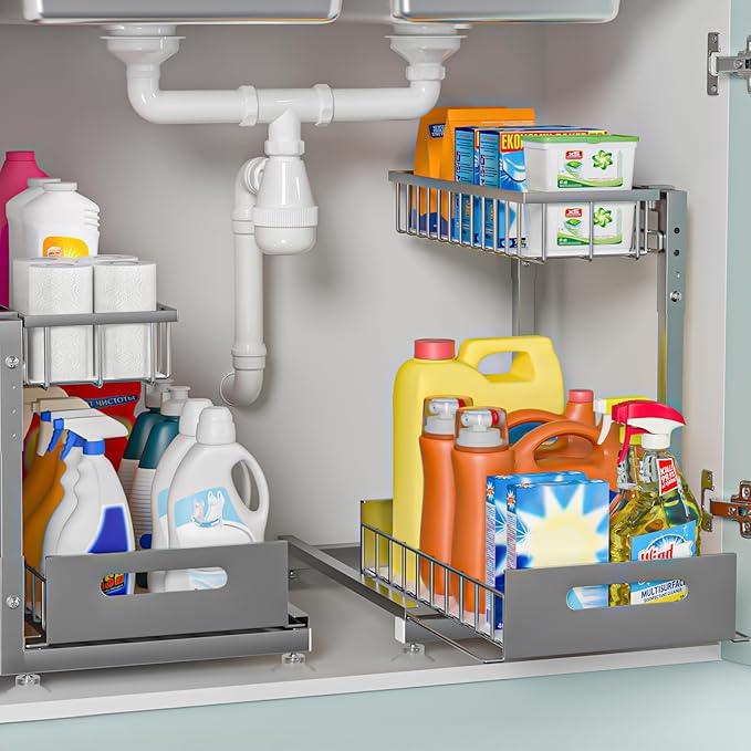 Under Sink Organizer for Kitchen and Bathroom, 2 Pack 2 Tier Pull Out Storage Rack - Height Adjustable Heavy Duty Metal Basket with High Capacity & Safety Stopper, Rustproof for Cleaning Supplies - ModernBath