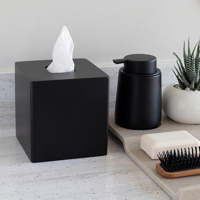 Yew Design Matte Black Square Tissue Box Cover, Decorative Tissue Box Dispenser for Bathroom, Parlors, Office, Bedroom Dresser, Vanity Countertop, Nightstand, Car, and Desk - ModernBath