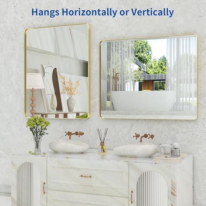 WEER Gold Bathroom Mirror, 40X32 Inch Brushed Gold Metal Frame Mirror, Rounded Rectangle Gold Bathroom Vanity Mirror for Wall, Tempered Glass, Anti-Rust, Hangs Horizontally or Vertically - ModernBath