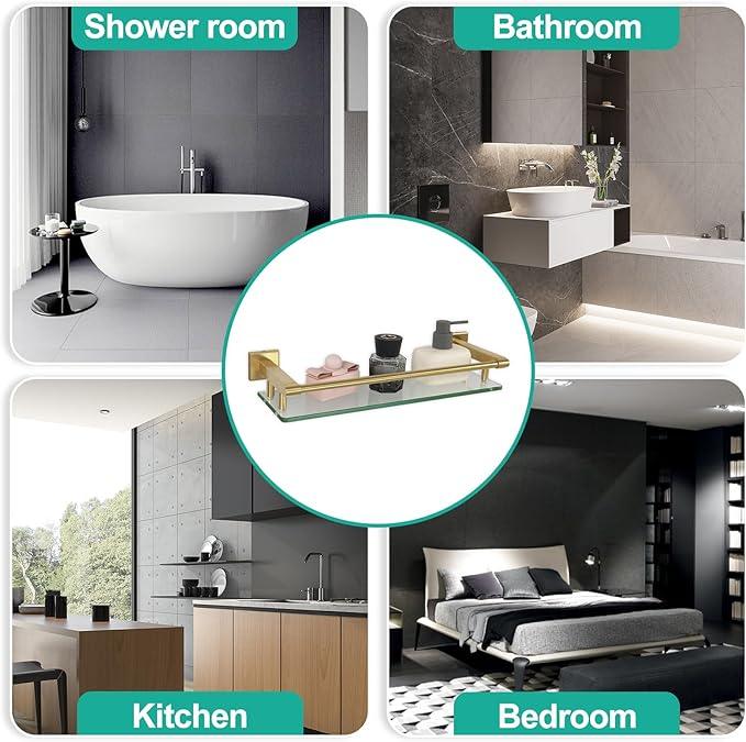 16 Inch Brusheld Gold Bathroom Glass Shelves with Stainless Steel Railing, Tempered Floating Glass Modern Decoration Bathroom Shelf Sink Over Toilet - ModernBath