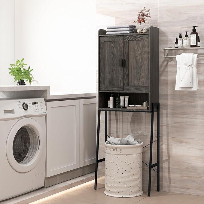 Giantex Over The Toilet Storage Cabinet, Freestanding Space Saver Above Toilet Storage with Metal Stand, Adjustable Shelves & 2 Hooks, Wooden Over Toilet Bathroom Organizer for Laundry Room, Restroom - ModernBath