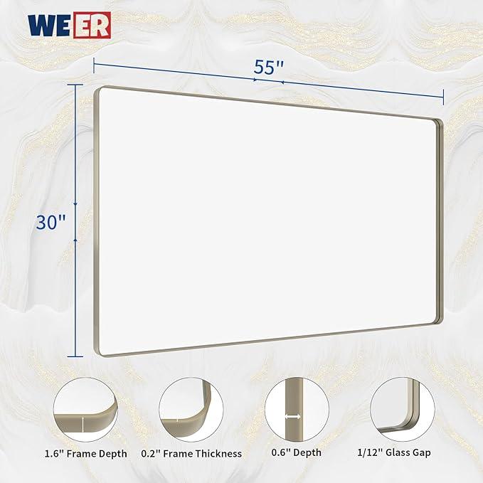 WEER 55X30 Inch Brushed Nickel Bathroom Mirror, Brushed Silver Metal Frame Mirror, Rounded Rectangle Silver Bathroom Vanity Mirror, Tempered Glass, Anti-Rust, Hangs Horizontally or Vertically - ModernBath