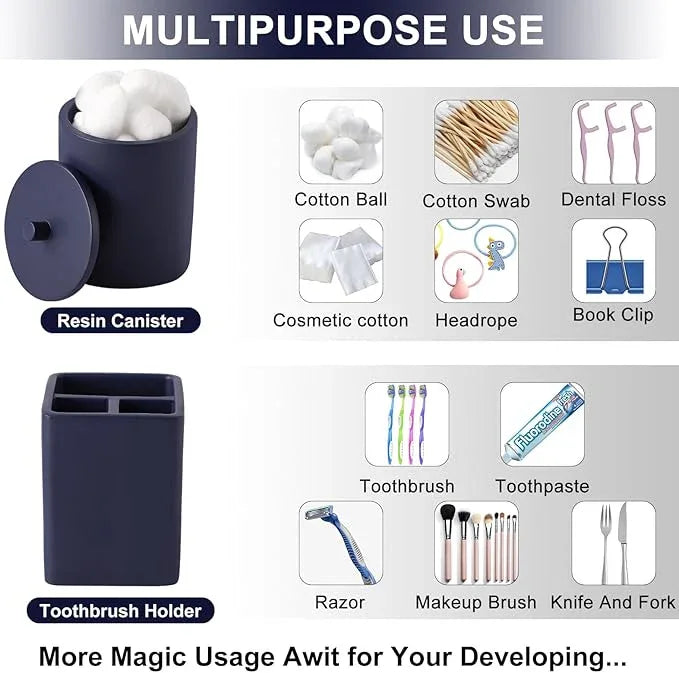 Resin 6 Pcs Navy Blue Bathroom Set Complete with Toothbrush Holder, Lotion Soap Dispenser, 2 Qtip Holder Dispensers,Vanity Tray,Bathroom Tumbler - Countertop Vanity Organizer - Bathroom Accessories - ModernBath