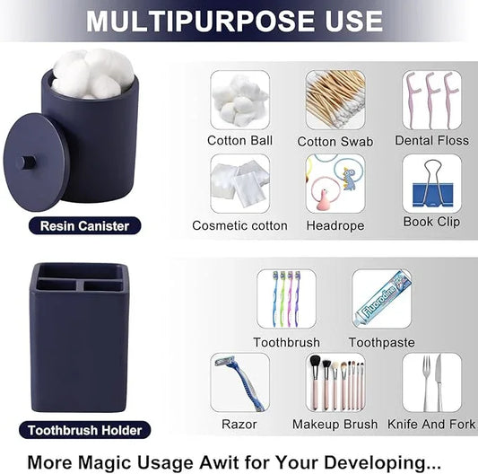 Resin 6 Pcs Navy Blue Bathroom Set Complete with Toothbrush Holder, Lotion Soap Dispenser, 2 Qtip Holder Dispensers,Vanity Tray,Bathroom Tumbler - Countertop Vanity Organizer - Bathroom Accessories - ModernBath