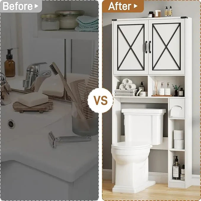 Vabches Over The Toilet Storage Cabinet, Farmhouse Bathroom Cabinet Over Toilet with Paper Holder, Rustic Bathroom Storage Organizer with Doors, White - ModernBath