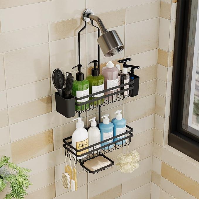 STAHLHEART Shower Caddy Hanging for Bathroom Organizers and Storage,3 Tier Adjustable Anti-Swing Shower Organizer Hanging with Heavy-Duty Suction Cups, Damage-Free Rustproof (Black) - ModernBath