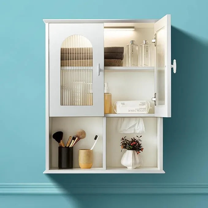 Bathroom Wall Cabinet with Lighting & Tissue Hole, Wall Mounted Glass Door Medicine Cabinet Over Toilet Storage for Laundry Room Kitchen - ModernBath