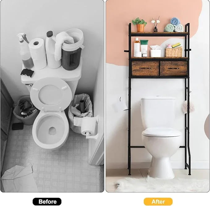 YBING Over The Toilet Bathroom Storage Cabinet for Freestanding, Above Toilet Shelf with Fabric Drawer, Tall Bathroom Shelf Organizer with Toilet Paper Holder, Brown - ModernBath