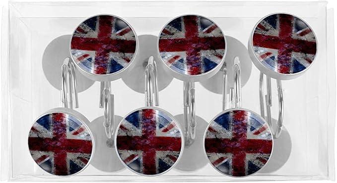 Vintage UK British Flag Shower Curtain Hooks Set of 12 Rustproof Metal Shower Hooks for Curtains Rods Shower Curtain Rings for Bathroom Living Room Bedroom Decor - ModernBath