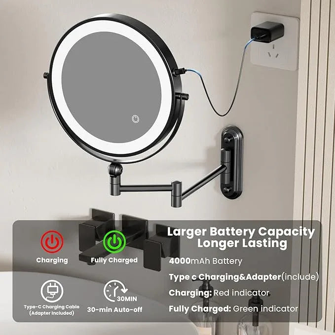 Rocollos Rechargeable Wall Mounted Lighted Makeup Mirror, 8 Inch Double-Sided LED Vanity Mirror 1X/10X Magnification,3 Color Lights Touch Screen Dimmable (Black-30X) - ModernBath