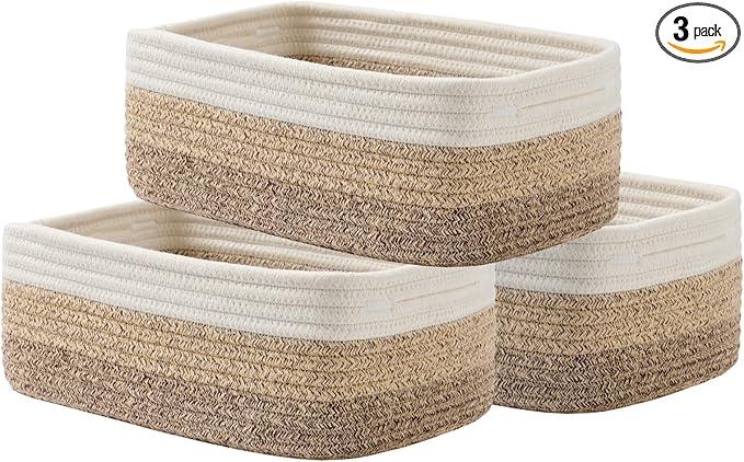 Small Woven Basket, 12 x 8 x 4.5 Inches, Storage Basket for Organizing, Cute Small Rope Shelf Closet Cube Storage Bins Baskets for Shelves, Dog Toy Gift Baskets Empty, 3 Pack Gradient Brown - ModernBath