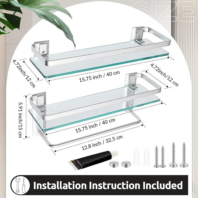 Suzile Set of 2 Glass Bathroom Shelves with Bar, Wall Mounted 15.7 x 4.7 Inches, Bathroom Shelves Hanging Modern Floating Shelf Metal Stick Room Rustproof Organizer Decorative(Silver) - ModernBath
