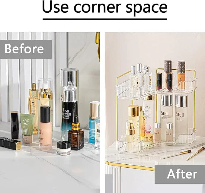 shuang qing 2-Tier Corner Bathroom Counter Organizer – Classic Storage Shelf for Makeup, Perfume & Toiletries, Space-Saving Countertop Tray Fits Bathroom, Dresser, Kitchen (Classic White) - ModernBath